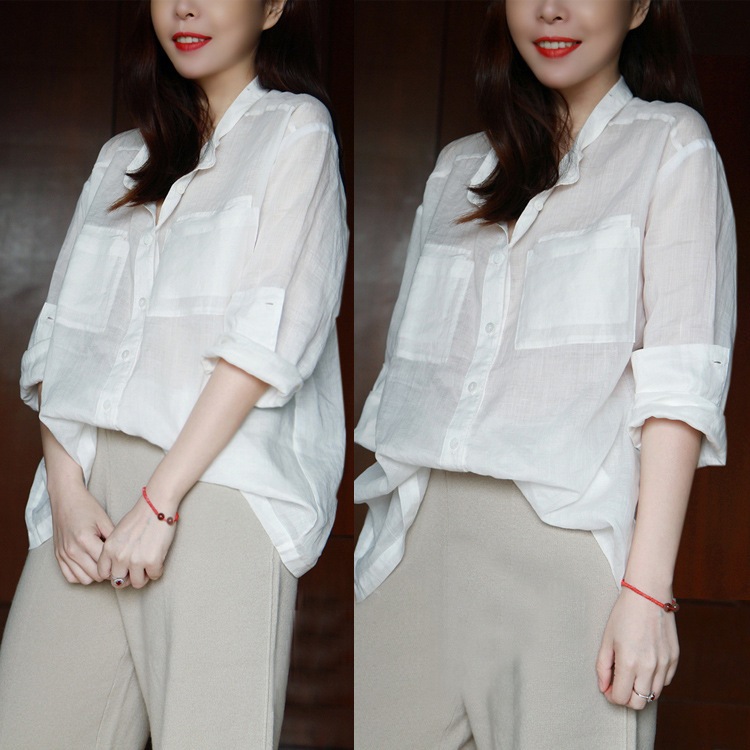 シャツ ブラウス 長袖 ドロップショルダー 襟付き 角襟 ポケット 麻 リネン 薄手 透け感 シンプル カジュアル ラフ 大人可愛い 春 秋 デート オフィス 通勤 重ね着 XL ホワイト
