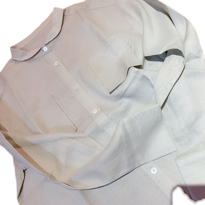 シャツ ブラウス 長袖 ドロップショルダー 襟付き 角襟 ポケット 麻 リネン 薄手 透け感 シンプル カジュアル ラフ 大人可愛い 春 秋 デート オフィス 通勤 重ね着 XL ホワイト