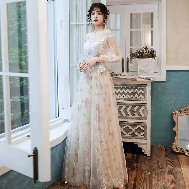 カラードレス 編み上げ パーティードレス フォーマルドレス ロングドレス シャンパン 長袖 星柄 結婚式 二次会 発表会 ウェディングドレス ウエディングドレス ゲストドレス 花嫁 ブライダル イブニ