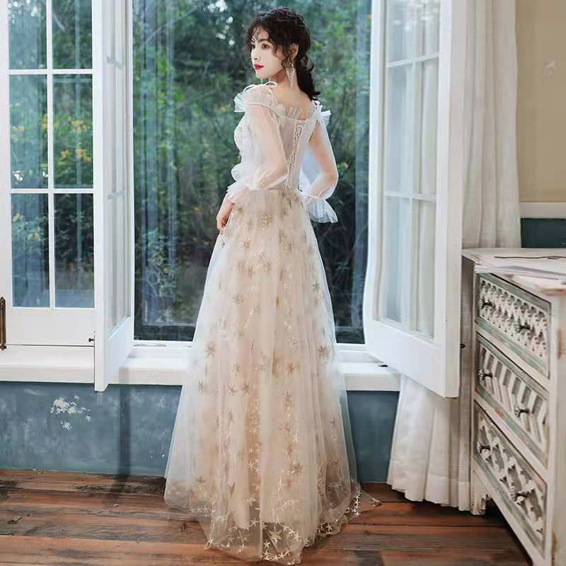 カラードレス 編み上げ パーティードレス フォーマルドレス ロングドレス シャンパン 長袖 星柄 結婚式 二次会 発表会 ウェディングドレス ウエディングドレス ゲストドレス 花嫁 ブライダル イブニ