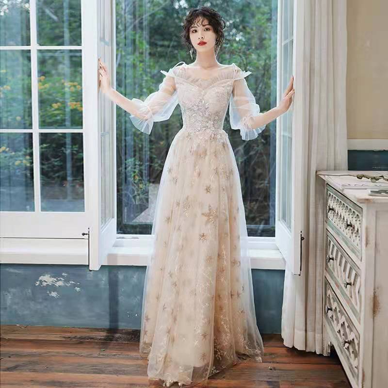 カラードレス 編み上げ パーティードレス フォーマルドレス ロングドレス シャンパン 長袖 星柄 結婚式 二次会 発表会 ウェディングドレス ウエディングドレス ゲストドレス 花嫁 ブライダル イブニ