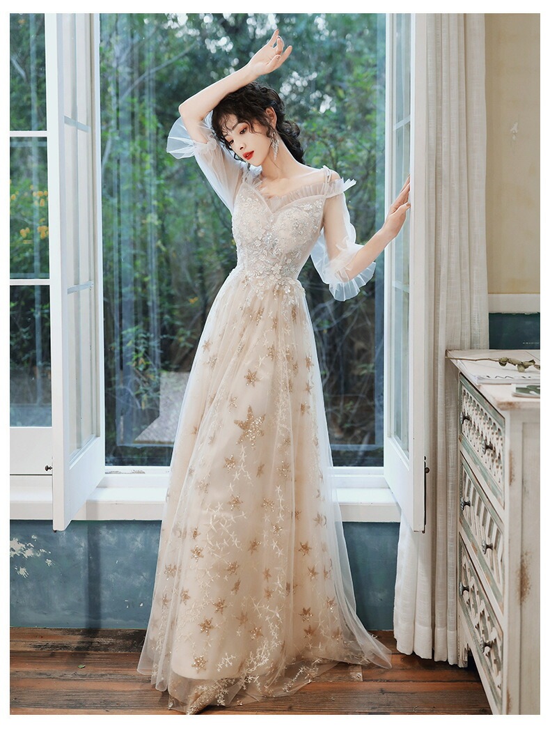 カラードレス 編み上げ パーティードレス フォーマルドレス ロングドレス シャンパン 長袖 星柄 結婚式 二次会 発表会 ウェディングドレス ウエディングドレス ゲストドレス 花嫁 ブライダル イブニ