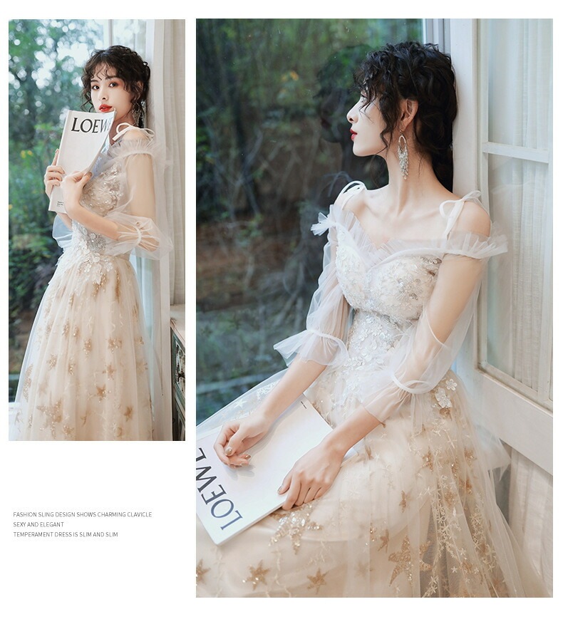 カラードレス 編み上げ パーティードレス フォーマルドレス ロングドレス シャンパン 長袖 星柄 結婚式 二次会 発表会 ウェディングドレス ウエディングドレス ゲストドレス 花嫁 ブライダル イブニ