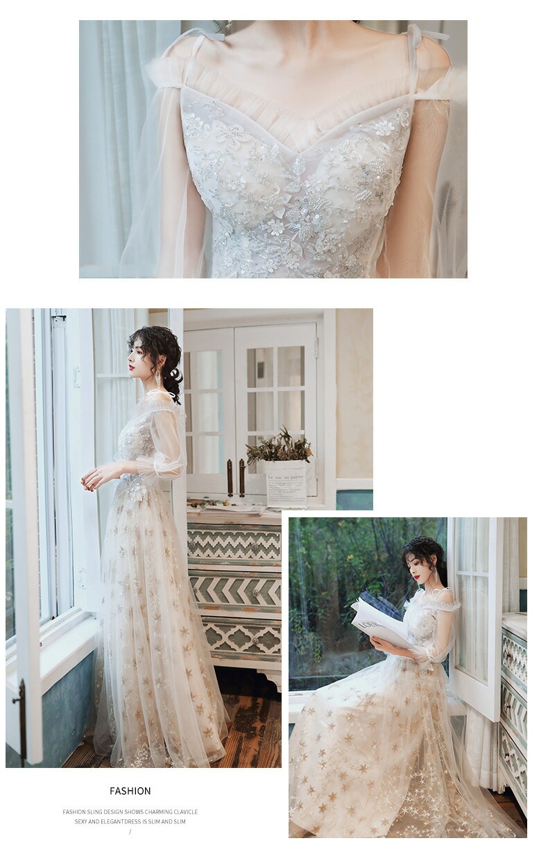 カラードレス 編み上げ パーティードレス フォーマルドレス ロングドレス シャンパン 長袖 星柄 結婚式 二次会 発表会 ウェディングドレス ウエディングドレス ゲストドレス 花嫁 ブライダル イブニ