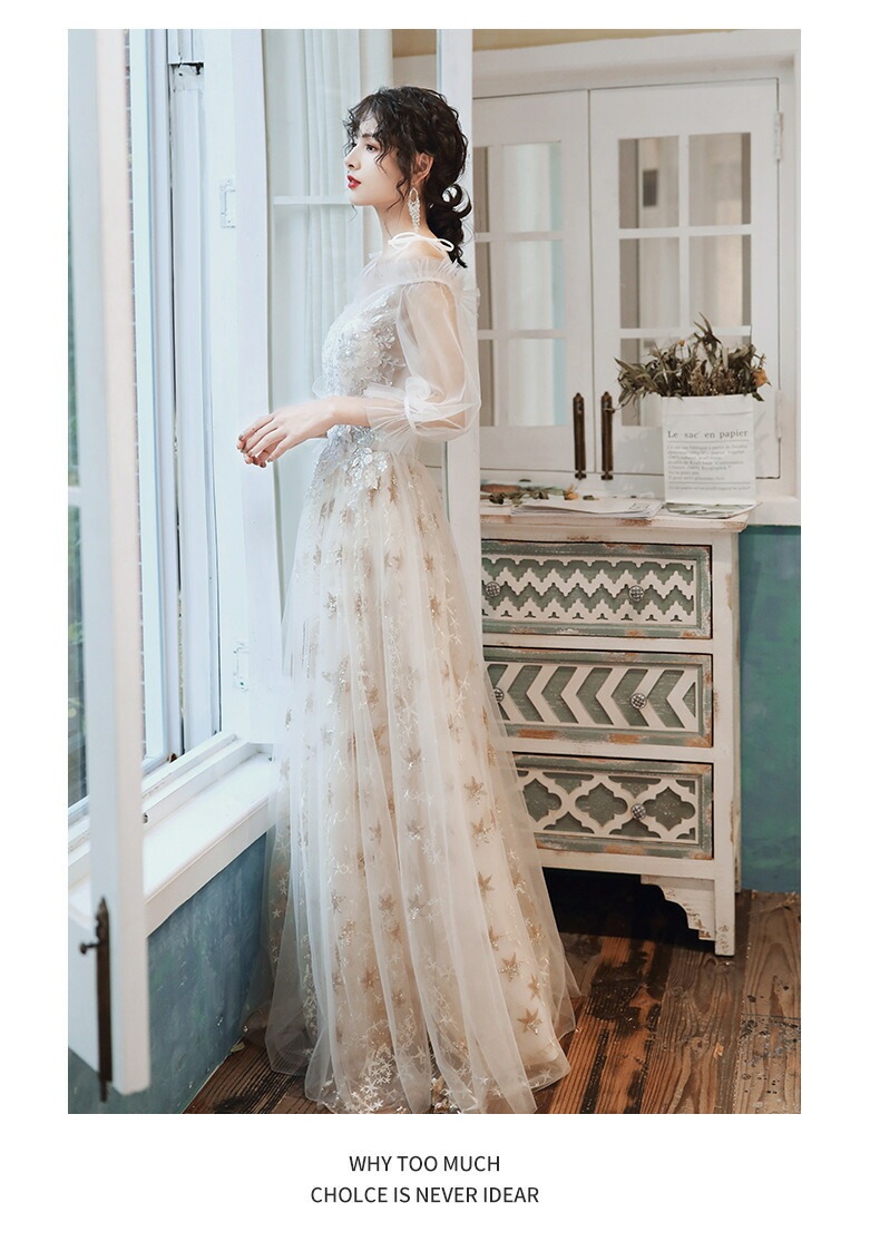 カラードレス 編み上げ パーティードレス フォーマルドレス ロングドレス シャンパン 長袖 星柄 結婚式 二次会 発表会 ウェディングドレス ウエディングドレス ゲストドレス 花嫁 ブライダル イブニ