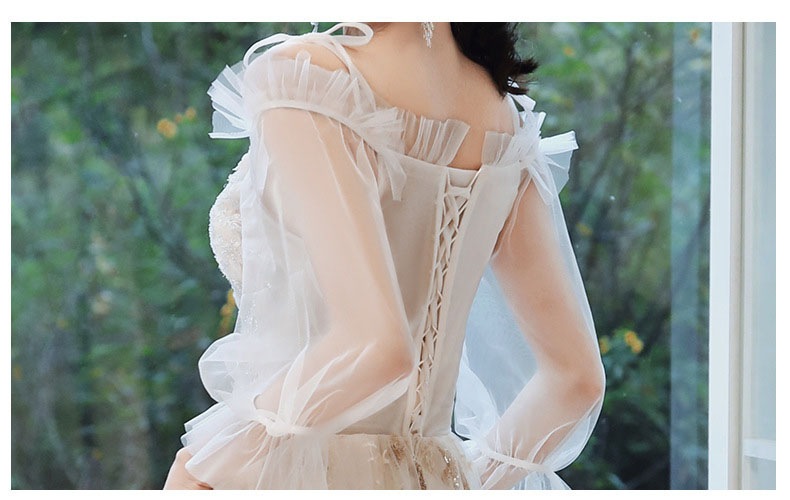 カラードレス 編み上げ パーティードレス フォーマルドレス ロングドレス シャンパン 長袖 星柄 結婚式 二次会 発表会 ウェディングドレス ウエディングドレス ゲストドレス 花嫁 ブライダル イブニ