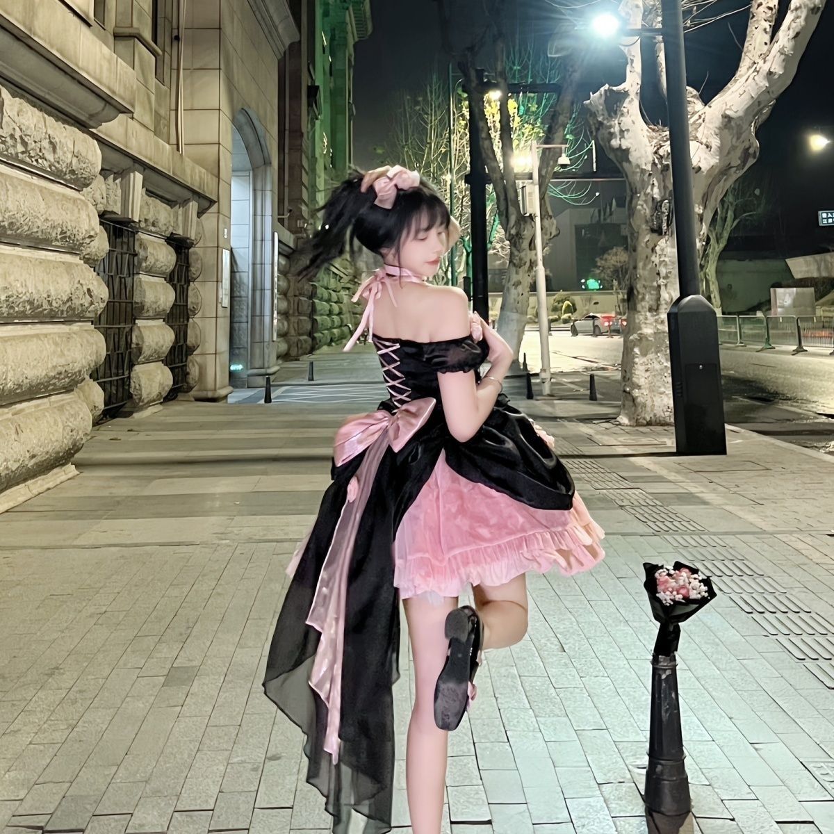 ロリータ ドリーム ローズ ブラック ピンク スウィート クール ロリータ プリンセス ドレス バタフライ テール ドレス 女性