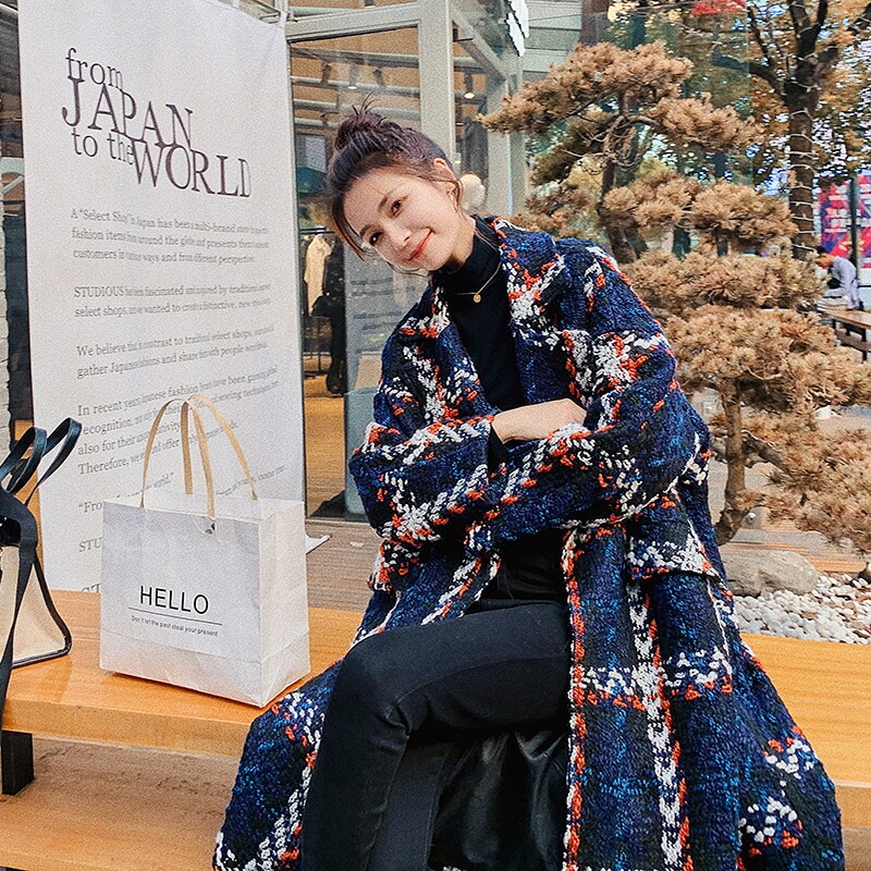 コート ミドル丈 ネイビーチェック柄 高級感 ジャケット 春秋 カジュアル ツイードコート コート ミドル丈 ネイビーチェック柄 高級感 ジャケット 春秋 カジュアル ツイードコート