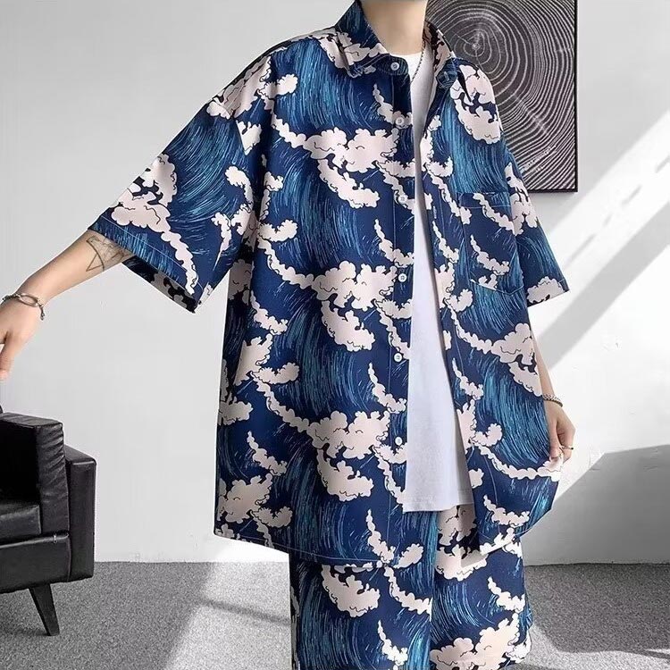 2点セット 上下セット 和風 メンズ 半袖シャツ ハーフパンツ セットアップ 花柄 きれいめ 薄手 メンズファッション 大きいサイズ ハワイ 旅行 普段着 メンズ 服 和式パーカー カジュアル