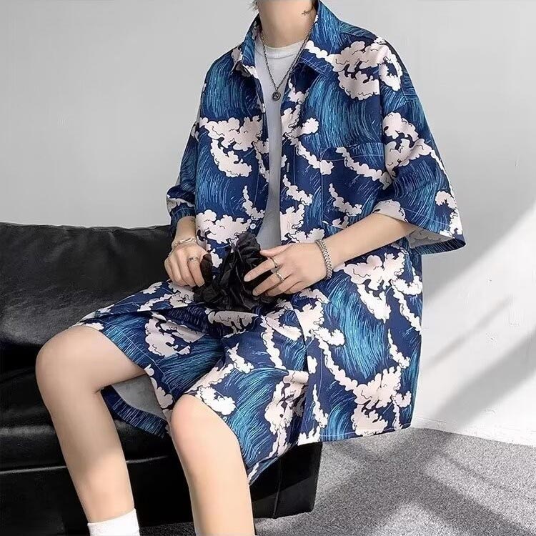 2点セット 上下セット 和風 メンズ 半袖シャツ ハーフパンツ セットアップ 花柄 きれいめ 薄手 メンズファッション 大きいサイズ ハワイ 旅行 普段着 メンズ 服 和式パーカー カジュアル