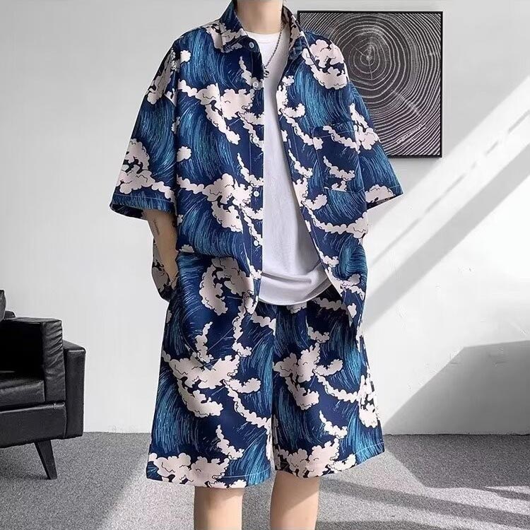 2点セット 上下セット 和風 メンズ 半袖シャツ ハーフパンツ セットアップ 花柄 きれいめ 薄手 メンズファッション 大きいサイズ ハワイ 旅行 普段着 メンズ 服 和式パーカー カジュアル