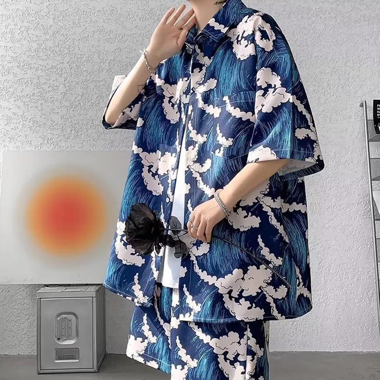 2点セット 上下セット 和風 メンズ 半袖シャツ ハーフパンツ セットアップ 花柄 きれいめ 薄手 メンズファッション 大きいサイズ ハワイ 旅行 普段着 メンズ 服 和式パーカー カジュアル