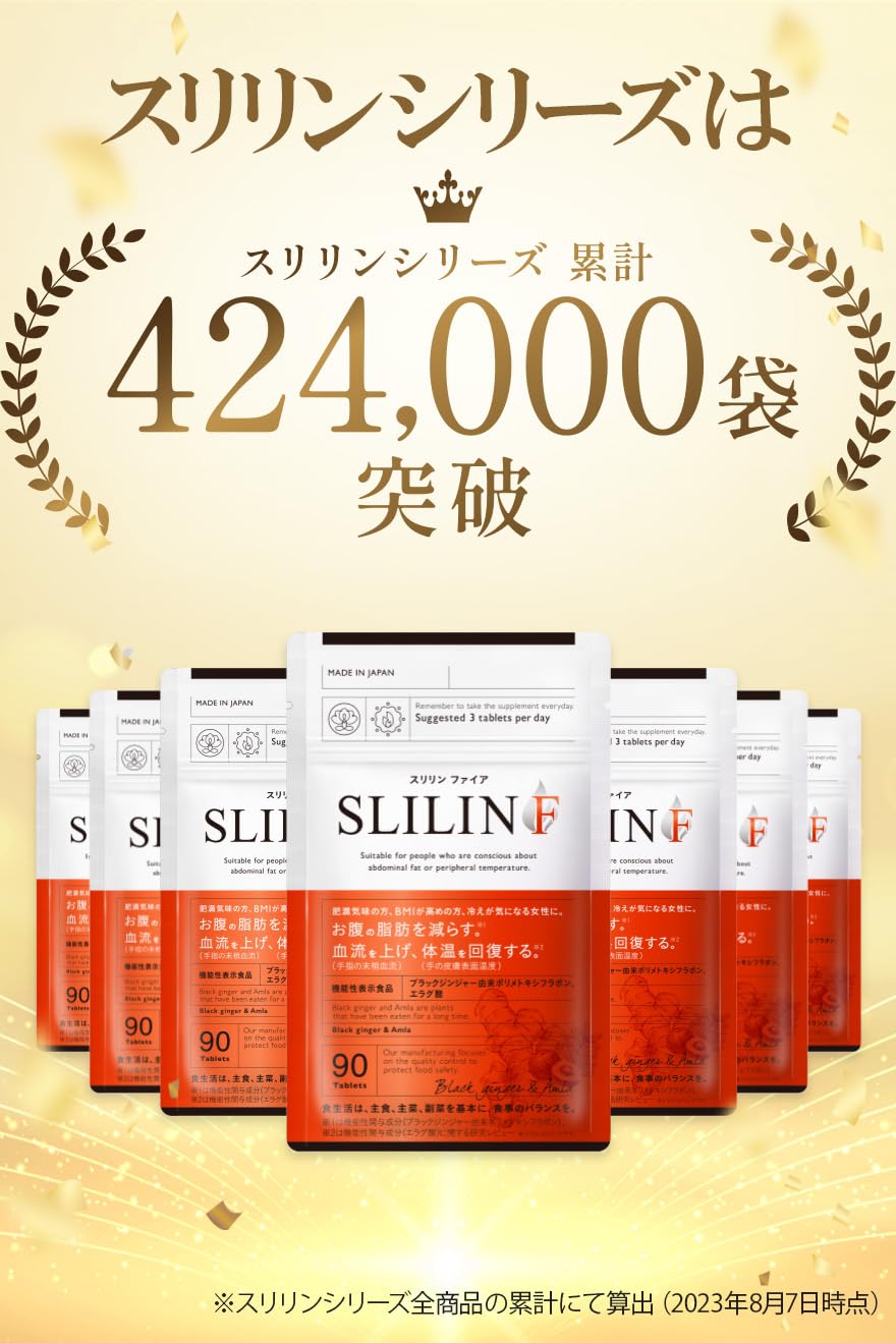 スリリンファイア SLILIN F (3袋)[3ヶ月分] 温活 脂肪燃焼 皮下脂肪 ブラックジンジャー サプリ エラグ酸 基礎代謝 サポート 生姜 日本製 国産 減らす サプリメント 燃焼系