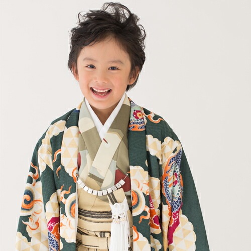 レンタル七五三 着物 5歳 男の子 レンタル3泊4日 羽織袴12点セット緑地に龍モダンアンテナ お正月 端午の節句 衣裳 レンタル消費税込み