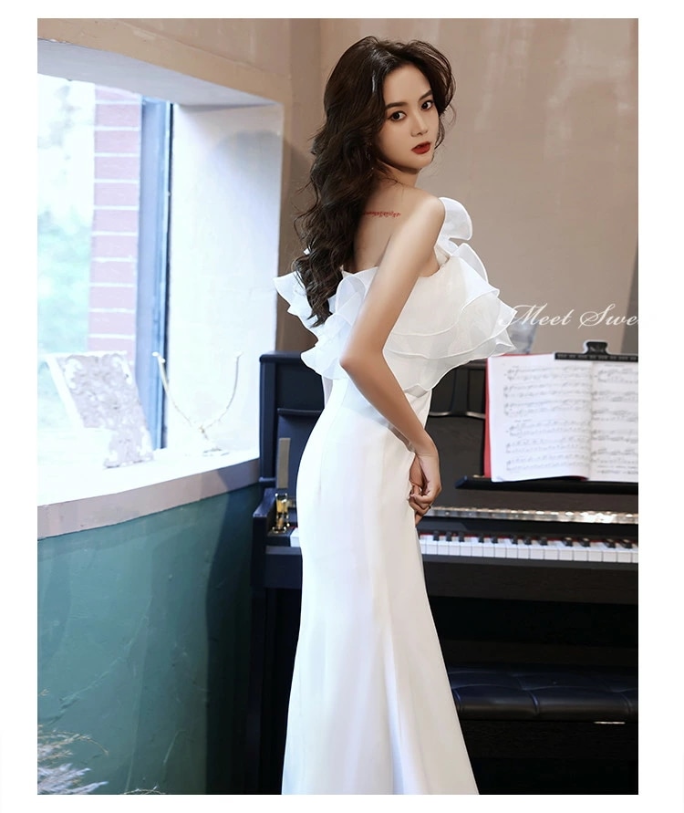 カラードレス ウェディングドレス ホワイト 白 ワンショルダー フリル ファスナー マーメイドドレス ウエディングドレス イブニングドレス 発表会 結婚式 二次会パーティードレス ロングドレス カクテ