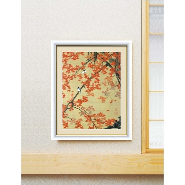 [若冲 鳳凰 旭日][動植綵絵額]群鶏/白鳳/鶏伊藤若冲 額装品（白）F6号 紅葉小禽図