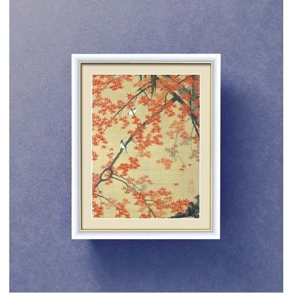 [若冲 鳳凰 旭日][動植綵絵額]群鶏/白鳳/鶏伊藤若冲 額装品（白）F6号 紅葉小禽図