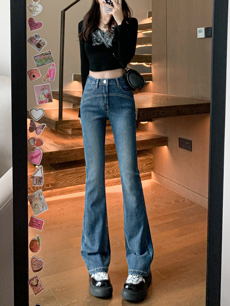 マイクロデニムジーンズ女性秋2023新しいハイウエストの薄い弾性フレアパンツレトロ脂肪mmレギンス