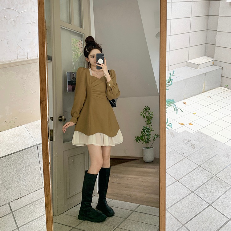 2カラー ワンピース レディース ミニ丈 ミニワンピ ワンピドレス スクエアネック フリル レース シフォン パフスリーブ 長袖 レイヤード Aライン カーキ ブラック 黒 エレガント 上品 ガーリー 2カラー ワンピース レディース ミニ丈 ミニワンピ ワンピドレス スクエアネック フリル レース シフォン パフスリーブ 長袖 レイヤード Aライン カーキ ブラック 黒 エレガント 上品 ガーリー