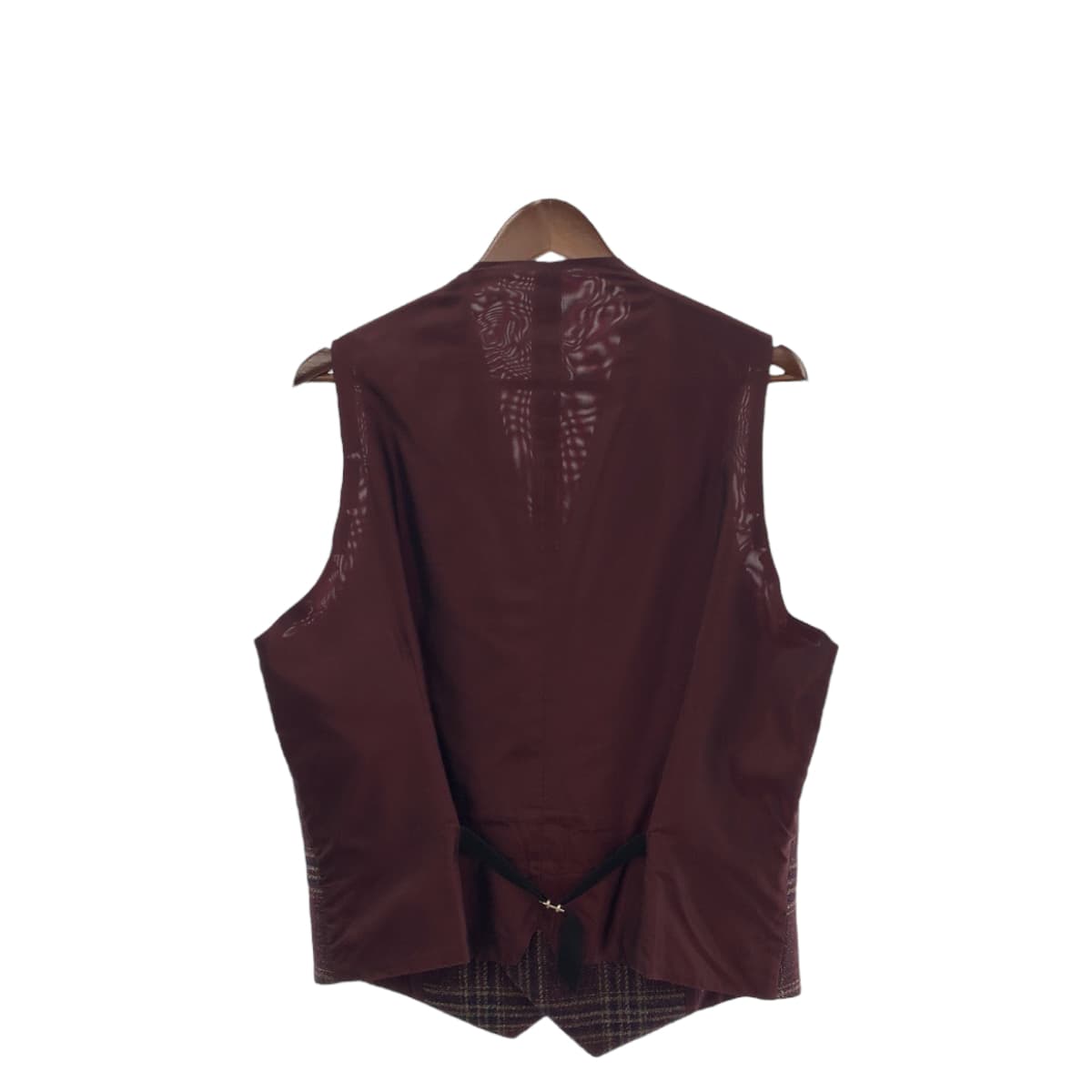 美品 チェック柄 サイズ52 ワインレッド ボルドー シルバー金具 ウール/キュプラ ベスト ジレ メンズ 404164