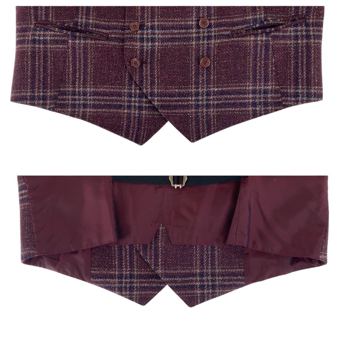 美品 チェック柄 サイズ52 ワインレッド ボルドー シルバー金具 ウール/キュプラ ベスト ジレ メンズ 404164