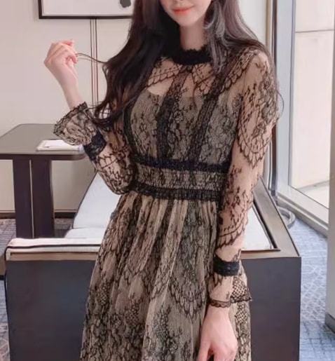 レディース ワンピース ドレス ロング 長袖 スタンドカラー スリム 細身 Aライン レース ウエストマーク ハイウエスト 大人可愛い きれいめ 上品 おしゃれ ガーリー 個性的 エレガント 存在感