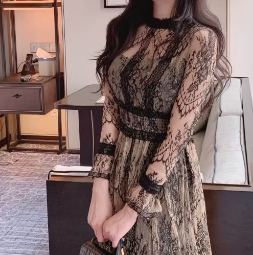レディース ワンピース ドレス ロング 長袖 スタンドカラー スリム 細身 Aライン レース ウエストマーク ハイウエスト 大人可愛い きれいめ 上品 おしゃれ ガーリー 個性的 エレガント 存在感