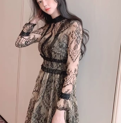 レディース ワンピース ドレス ロング 長袖 スタンドカラー スリム 細身 Aライン レース ウエストマーク ハイウエスト 大人可愛い きれいめ 上品 おしゃれ ガーリー 個性的 エレガント 存在感