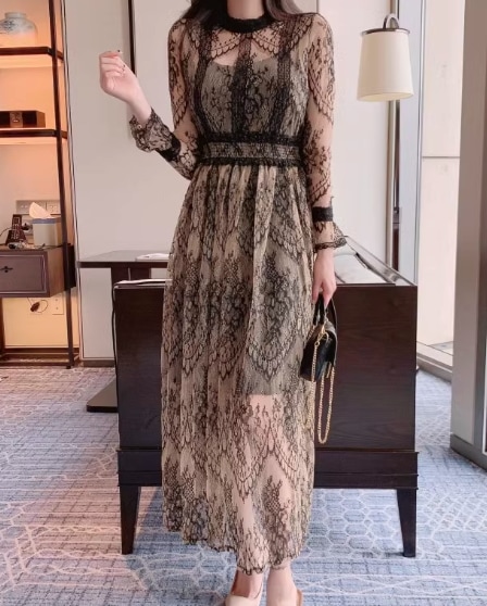 レディース ワンピース ドレス ロング 長袖 スタンドカラー スリム 細身 Aライン レース ウエストマーク ハイウエスト 大人可愛い きれいめ 上品 おしゃれ ガーリー 個性的 エレガント 存在感