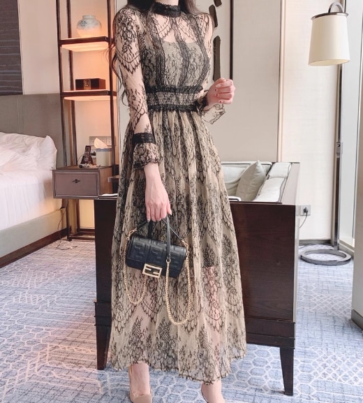 レディース ワンピース ドレス ロング 長袖 スタンドカラー スリム 細身 Aライン レース ウエストマーク ハイウエスト 大人可愛い きれいめ 上品 おしゃれ ガーリー 個性的 エレガント 存在感