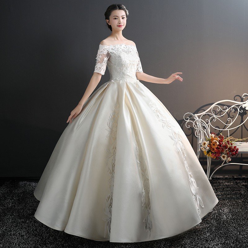 円高還元 花嫁 結婚式 レース 白 ウェディングドレス シンプル 二次会 ブライダル 袖あり ロングドレス ドレス
