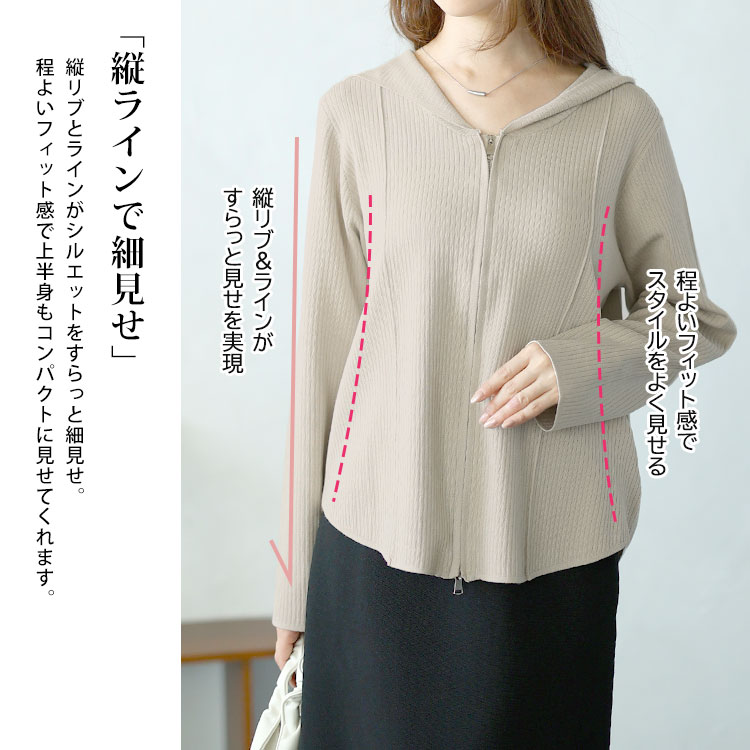 大きいサイズレディース トップス パーカー ダブルジップリブニットパーカー フーディー フード ニット リブニット ダブルジップ ファスナー 長袖 ストレッチ 伸縮 シンプル きれいめ カジュアル 羽