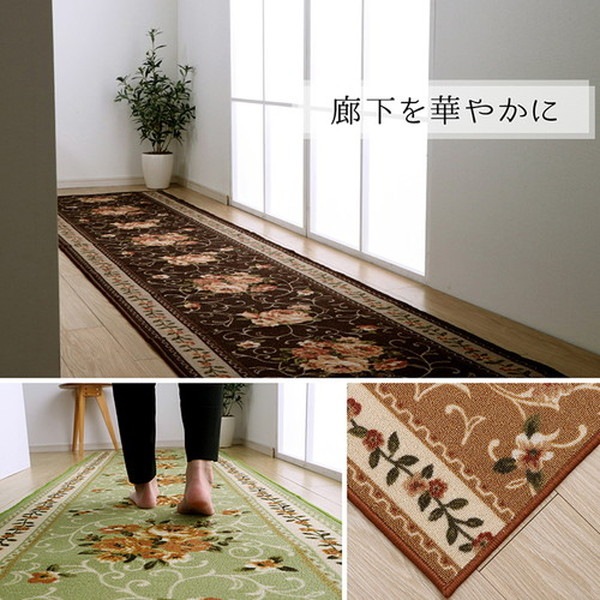 廊下敷き マット 花柄 エレガンス 撥水 グリーン 約60x440cm 廊下敷き マット 花柄 エレガンス 撥水 グリーン 約60x440cm