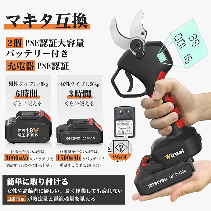 電動剪定バサミ 剪定バサミ 18V切断径40mmのコードレス充電式剪定バサミ 2段階開き角度調節可 マキタ18V互換 4500mAh大容量バッテリー付き PSE認証取得済み 切断回数と残量表示ディスプ