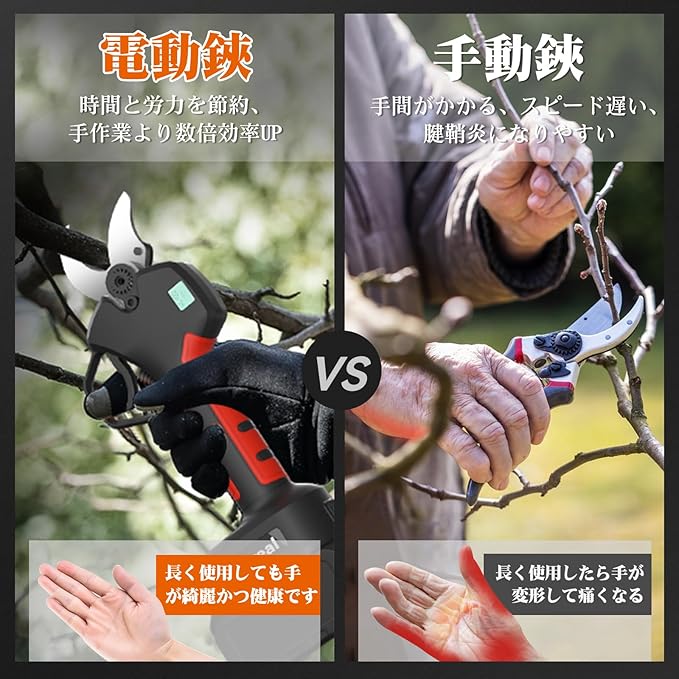 電動剪定バサミ 剪定バサミ 18V切断径40mmのコードレス充電式剪定バサミ 2段階開き角度調節可 マキタ18V互換 4500mAh大容量バッテリー付き PSE認証取得済み 切断回数と残量表示ディスプ
