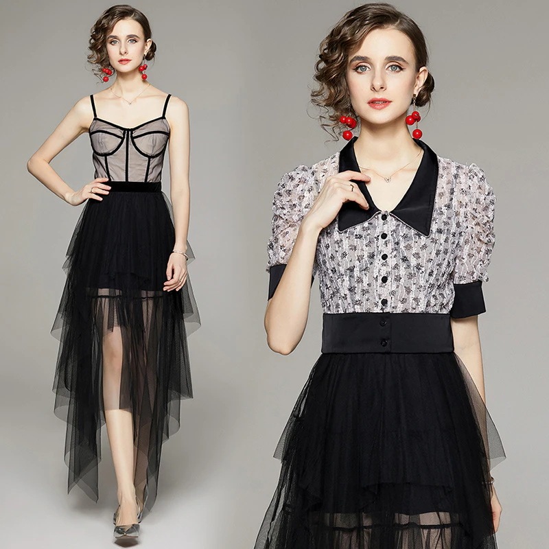 夏黒レトロ気質ストラップメッシュ不規則ワンピースドレススカート (コートを含まない パーティードレス キャミワンピース