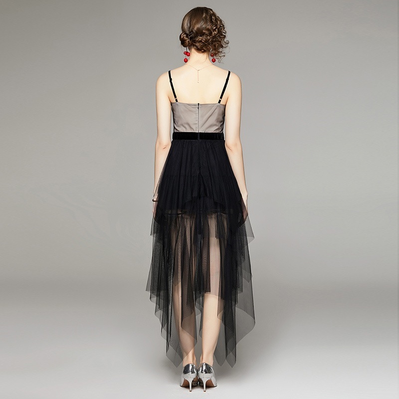夏黒レトロ気質ストラップメッシュ不規則ワンピースドレススカート (コートを含まない パーティードレス キャミワンピース