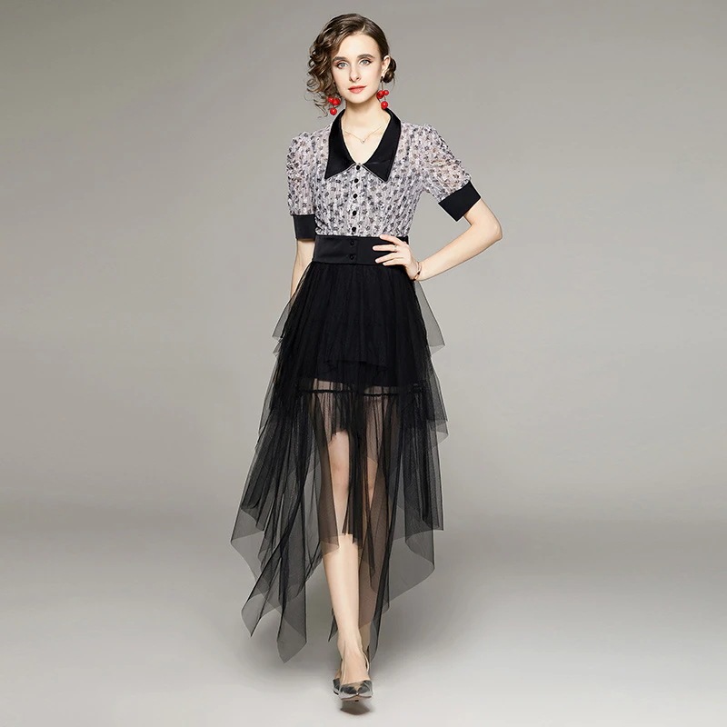 夏黒レトロ気質ストラップメッシュ不規則ワンピースドレススカート (コートを含まない パーティードレス キャミワンピース