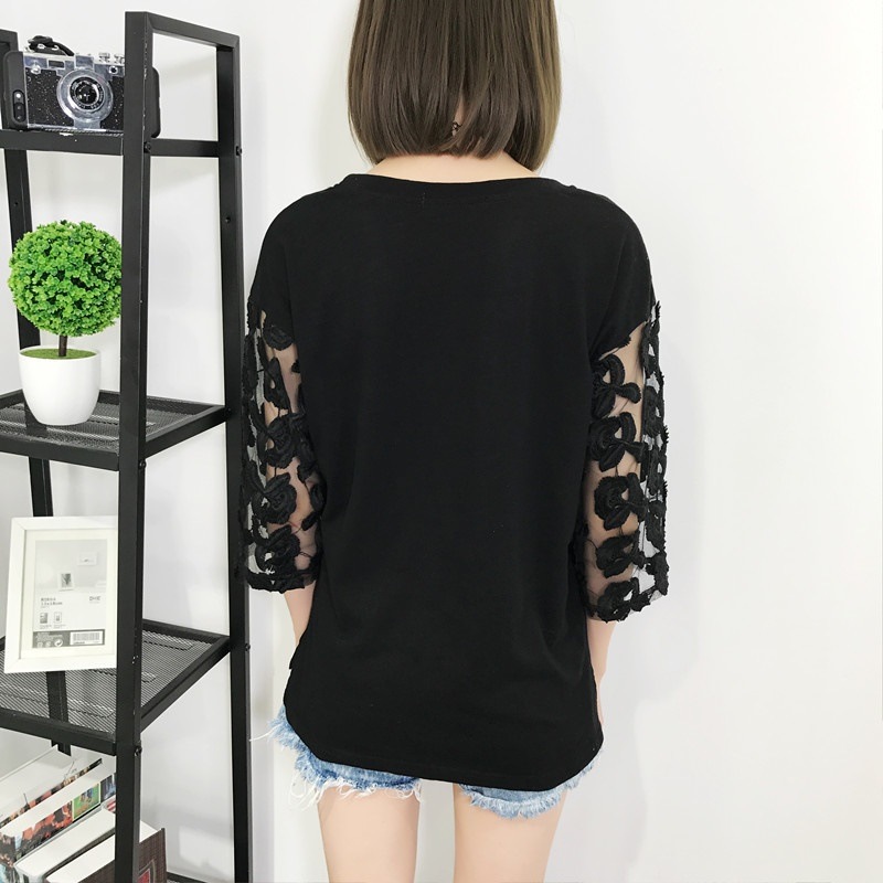 2478. 花柄レース袖シャツ　（ブラック）　春夏　通学　通勤　カジュアル　大人　可愛い　お出かけ　ショッピング　女子会　ランチ　カフェ　デート　お呼ばれ