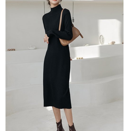 【取寄：納期2週間】ニットワンピース ハイネック 選べる丈 リブニットワンピース ミディアム丈 ロング丈 ショート丈 ミモレ丈 シンプル 定番 レトロ クラシカル ボトルネック タイト