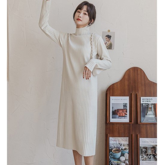 【取寄：納期2週間】ニットワンピース ハイネック 選べる丈 リブニットワンピース ミディアム丈 ロング丈 ショート丈 ミモレ丈 シンプル 定番 レトロ クラシカル ボトルネック タイト