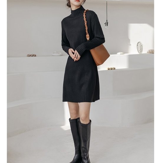【取寄：納期2週間】ニットワンピース ハイネック 選べる丈 リブニットワンピース ミディアム丈 ロング丈 ショート丈 ミモレ丈 シンプル 定番 レトロ クラシカル ボトルネック タイト