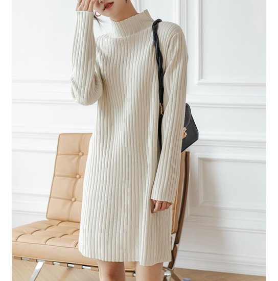 【取寄：納期2週間】ニットワンピース ハイネック 選べる丈 リブニットワンピース ミディアム丈 ロング丈 ショート丈 ミモレ丈 シンプル 定番 レトロ クラシカル ボトルネック タイト