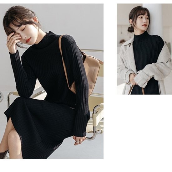 【取寄：納期2週間】ニットワンピース ハイネック 選べる丈 リブニットワンピース ミディアム丈 ロング丈 ショート丈 ミモレ丈 シンプル 定番 レトロ クラシカル ボトルネック タイト