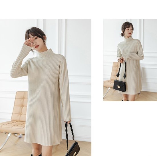 【取寄：納期2週間】ニットワンピース ハイネック 選べる丈 リブニットワンピース ミディアム丈 ロング丈 ショート丈 ミモレ丈 シンプル 定番 レトロ クラシカル ボトルネック タイト