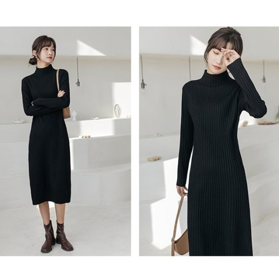 【取寄：納期2週間】ニットワンピース ハイネック 選べる丈 リブニットワンピース ミディアム丈 ロング丈 ショート丈 ミモレ丈 シンプル 定番 レトロ クラシカル ボトルネック タイト