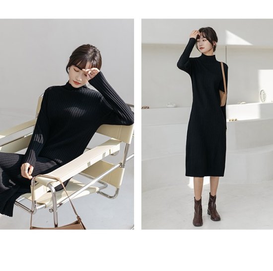 【取寄：納期2週間】ニットワンピース ハイネック 選べる丈 リブニットワンピース ミディアム丈 ロング丈 ショート丈 ミモレ丈 シンプル 定番 レトロ クラシカル ボトルネック タイト