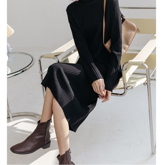 【取寄：納期2週間】ニットワンピース ハイネック 選べる丈 リブニットワンピース ミディアム丈 ロング丈 ショート丈 ミモレ丈 シンプル 定番 レトロ クラシカル ボトルネック タイト