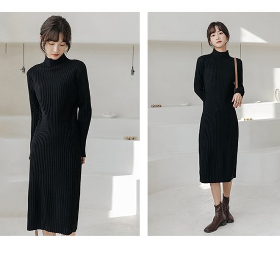 【取寄：納期2週間】ニットワンピース ハイネック 選べる丈 リブニットワンピース ミディアム丈 ロング丈 ショート丈 ミモレ丈 シンプル 定番 レトロ クラシカル ボトルネック タイト