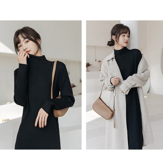 【取寄：納期2週間】ニットワンピース ハイネック 選べる丈 リブニットワンピース ミディアム丈 ロング丈 ショート丈 ミモレ丈 シンプル 定番 レトロ クラシカル ボトルネック タイト